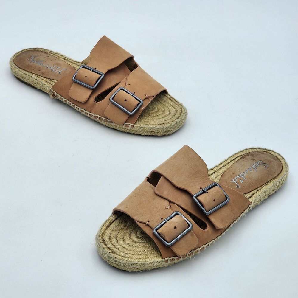 Splendid Blake Dual Buckle Leather Slide Sandals Flat Jute Espadrille Size 8.5